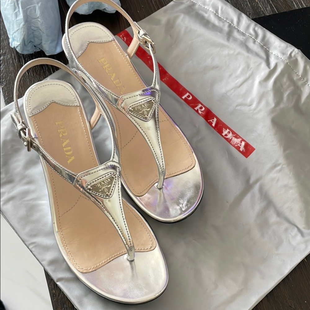Prada Women's Silver T-Strap wedge Sandals